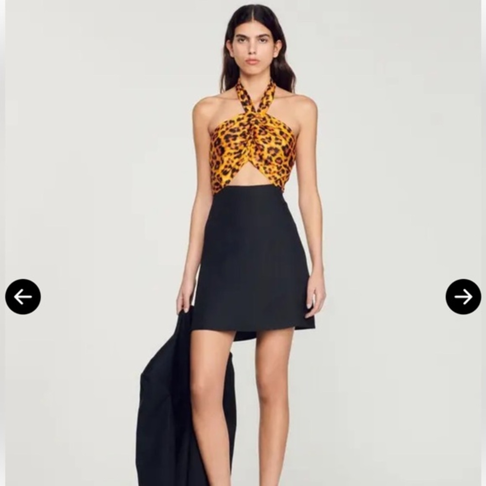 SANDRO Paris Ruched Halter Linen Blend Mini Dress with Leopard Animal Print